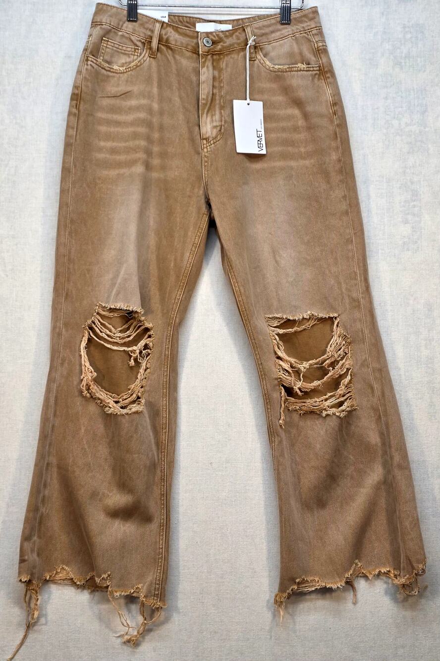 NWT Vervet Leslie 90s Vintage Crop Flare Jeans Shredded Tan Brown High Rise Sz28